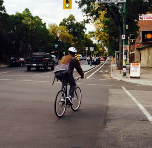 Protected bike lane on Sherbrook. Photo by Green Action Centre. 
