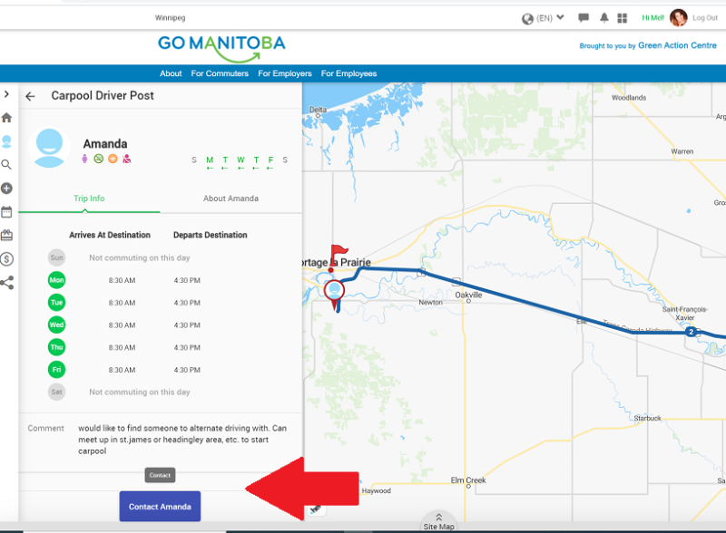 A GoManitoba screen grab. A red arrow points to the Contact button to connect with a match.