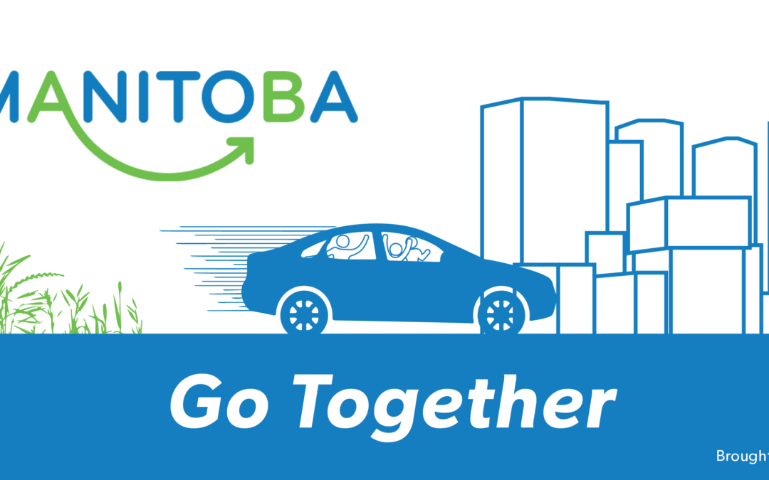 image of a car with several people in it. Text says "Go Together". The GoManitoba logo is on the top left, with the Green Action Centre logo on the bottom right.