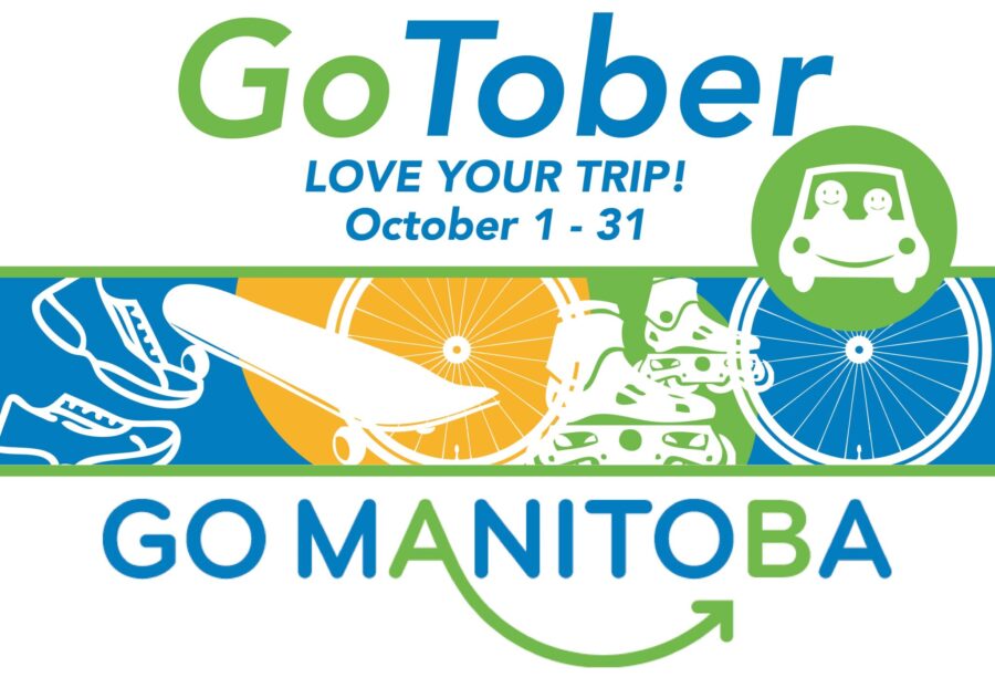 Text reads: Gotober! Love your trip! October 1-31. GoManitoba.ca. The colours are blue, green and orange. The image features fun images for transportation.