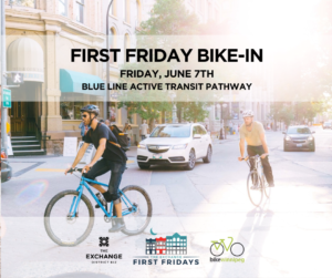 A promo graphic for First Friday Bike In. It has the sponsor logos (Exchange Biz, First Fridays and Bike Winnipeg). The image is a beautiful street in the exchange with folks on bikes having a great time!