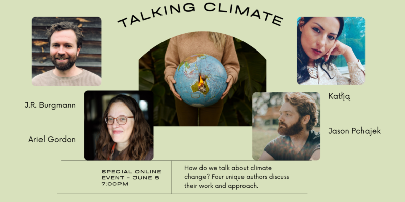 A graphic with a globe in middle being held in child's hands. Around the globe are the headshots of the four writers. Below the image are the details about the event: June 5th at 7PM, please register