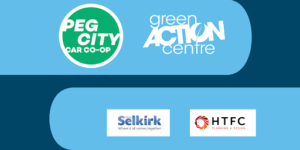 A blue background with the main sponsors for the event. Logos for Peg City Car Co-op and Green Action Centre on top, logos for the City of Selkirk and HTFC below.