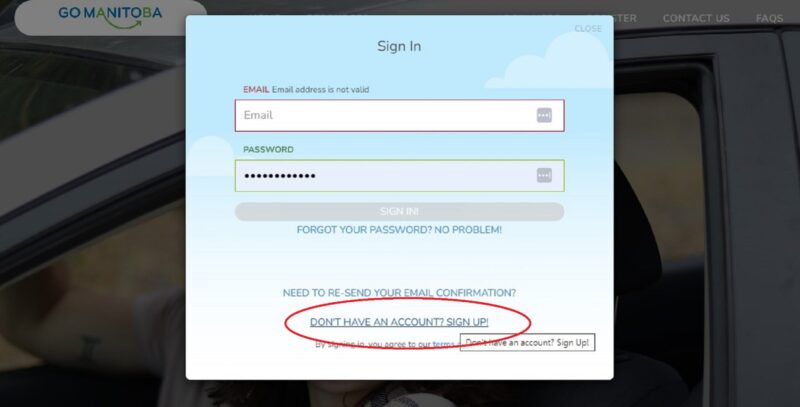 Form to Sign Up for a new account on GoManitoba