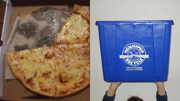 pizza in a pizza box photo next to photo of a blue recycling bin