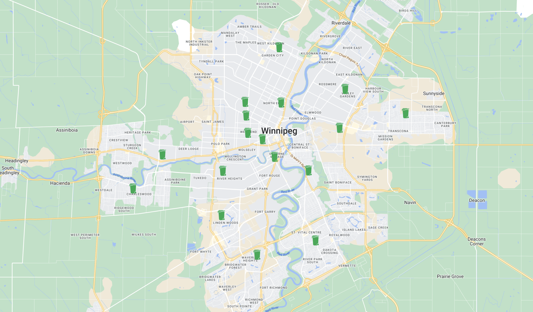 Screenshot of a map of Winnipeg showing little green bins to mark the dropoff locations